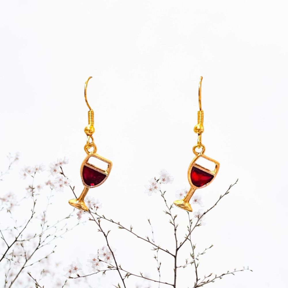 Enamel Wine Glass Charm on 10kt Gold Earrings #2207